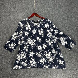 J Jill Top Womens Large Wearever Collection 3/4 Sleeve Navy Blue White Floral